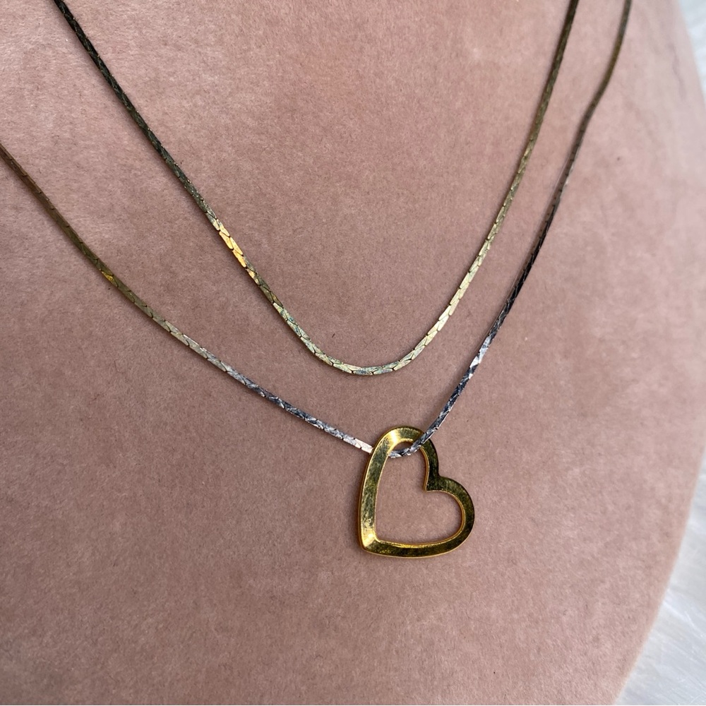 Two Vintage 18" Long Necklaces Silver & Gold Tone With Gold Open Heart Pendant
